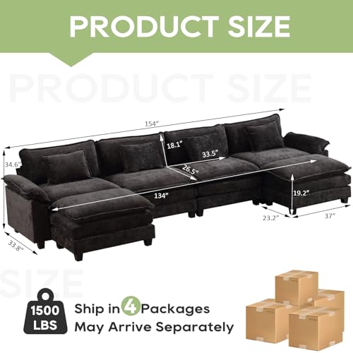 Image of Oprisen 154 inch Modular Sectional Sofa, Comfy Cloud Couch Sectional Sofa with Ottoman, Chenille Sofa Sleeper Deep Seat Sofa with Throw Pillows for Living Room (Black, 154 inch- U Shape)