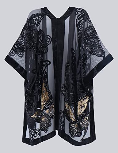 Image of Women's Burnout Velvet Kimono Long Cardigan Cover Up Casual Outfit