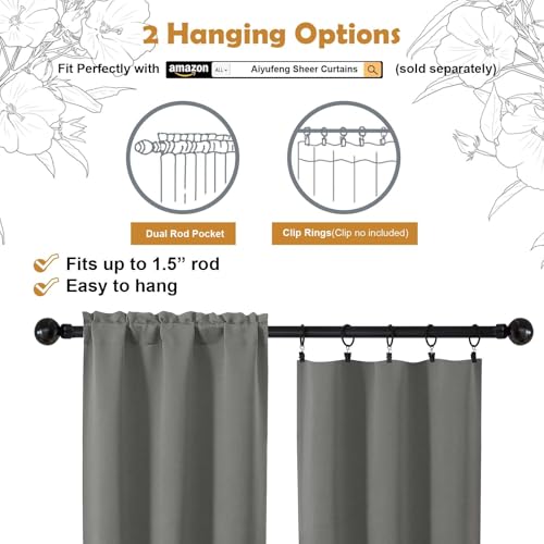 Image of Aiyufeng Light Grey Short 36 Inches Blackout Curtain 2 Panels Set, Half Window Rod Pocket Privacy Curtain Tiers for Kitchen, Curtains Blackout for Bathroom Shades, W40 x L36 Inch, Light Grey