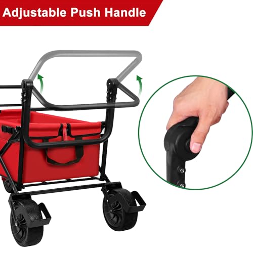 BEAU JARDIN Collapsible Foldable Push Pull Folding Beach Wagon 350lbs Heavy Duty Utility Camping Grocery Garden Sport Shopping Wagon Cart with All Terrain Big Sand Wheels and Brakes Red