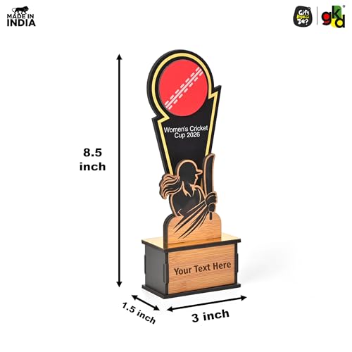 Image of GKD Wooden Cricket Trophy for Winners - Women's Cricket Cup Memento for Tournaments, Corporate Events & School Competitions | Self-Customizable with Stickers (Women 8.5 Inch)