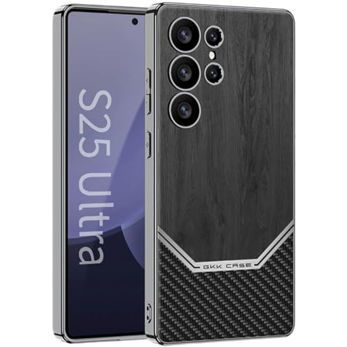 Image of TechTrendz Shockproof Electroplated Ultra Luxurious Vintage Wooden Grain Texture Leather Back Cover Case for Samsung Galaxy S25 Ultra 5G Carbon Fiber Camera Protection Business Cover (Black)