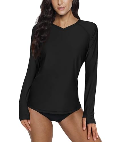 Womens Upf 50+ Swimming Top Uv Protection Swim Shirt Thumb Hole Long Sleeve Athletic V Neck Rash Guard Black M #TOP11