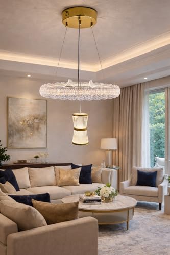 Image of Modern Luxury Stylish LED Crystal Ring Gold Finish with 3 Different Color Mode (Warm White, Cool White, Neutral White) Chandelier with Height Adjustable Hanging for Bedroom, Living, Dining,