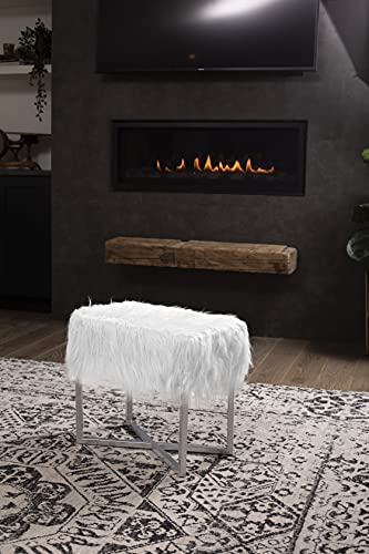 Birdrock Home Rectangular White Faux Fur Foot Stool Ottoman With Grey Legs - Vanity Chair - Soft Compact Padded Seat - Bedroom And Kids Room Chair - Metal - Fluffy Makeup Seat #TOP3