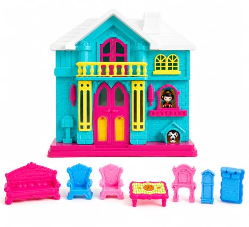 Image of My First Villa Portable Dollhouse Playset for Kids | Vibrant Pretend Play Toy Home with Balcony, Windows, and Openable Doors | Birthday Gift for Girls & Toddlers (Blue & Pink) (Green)