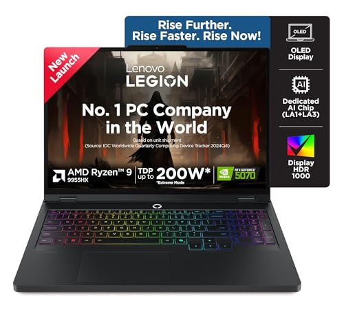 Image of Lenovo Legion Pro 5 2025 AMD Ryzen 9 9955HX | NVIDIA RTX 5070 8GB (32GB RAM /1TB SSD /WQXGA OLED /165Hz /16 (40.6cm) /Windows 11 /Office 2024+AI Now /Black /2.3Kg), 83F20036IN AI Powered Gaming Laptop