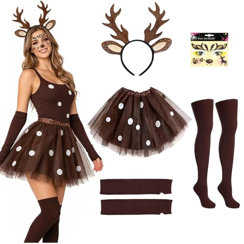 Reh Kostüm Damen, Rentier Kostüm, Faschingskostüme Damen, Reh Geweih Haarreifen mit Rentier Ohren, Tutu Rock, Fingerlose Handschuhe, Socken,...