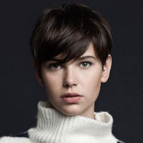 Creamily Perruques courtes coupe Pixie brun chocolat avec frange Perruques de cheveux synthétiques droites naturelles pour les femmes blanches