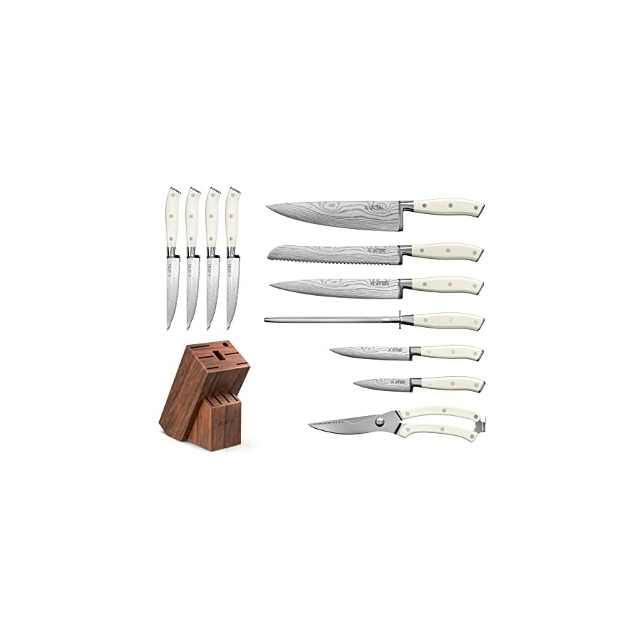 Yatoshi 12 Piece White Knife Block Set - Pro Kitchen Knife Set Ultra Sharp High Carbon Stainless Steel with Ergonomic Handle