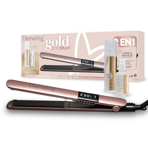Demeliss Gold Love Coffret Lisseur 2 en 1 Saint Algue – Lisse, Boucle – Céramique Tourmaline – Température Max 230°C – Pochette, 2 Soins Inclus –...
