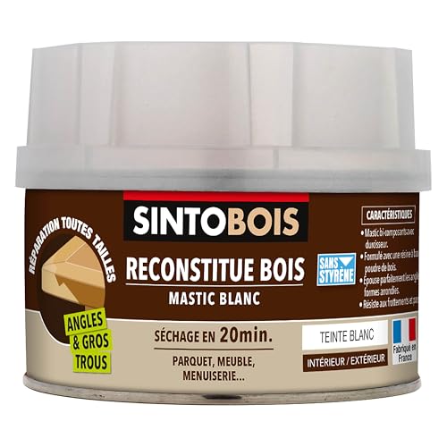 SINTO - Pâte à Bois - Angles et Gros Trous - Reconstitue les Parties Manquantes - Intérieur Extérieur - Haute Résistance & Adhérence - Sec en 20min - Blanc - Technique Professionnelle - 190g