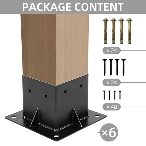 Rasugarlary 4x4 Post Base 6 PCS, Deck Post Anchor Base (Actual 3.6"x3.6") Black Powder Coated Post Bracket Wood Fence Pergola Brackets for Mailbox Railing Porch
