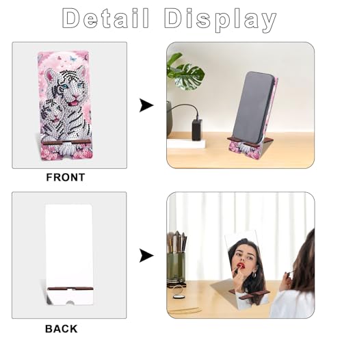 Image of White Tiger Diamond Painting Phone Stand with Mirror, DIY Wooden 2-in-1 Decorative Diamond Art Desktop Holder, Crystal Diamond Gem Painting Craft Kit Gift for Beginners Adults