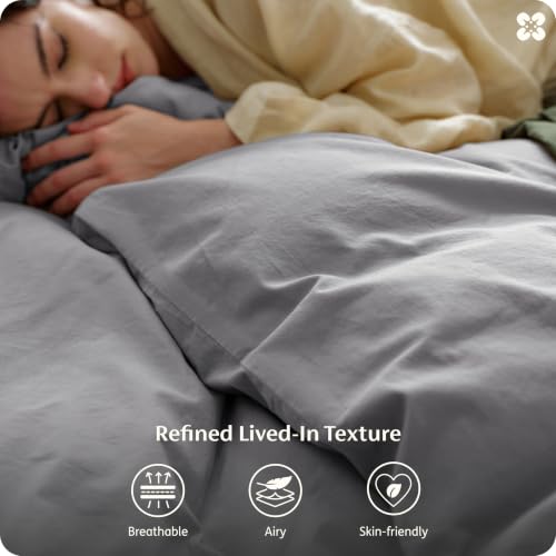 Image of Bedsure 100% Washed Cotton Duvet Cover Queen Size - Grey Minimalist Bedding Set Linen Like - PureWoven Plain Simple & Soft Comforter Cover for All Seasons, 3 Pieces (Grey, Queen, 90 inchx90 inch)