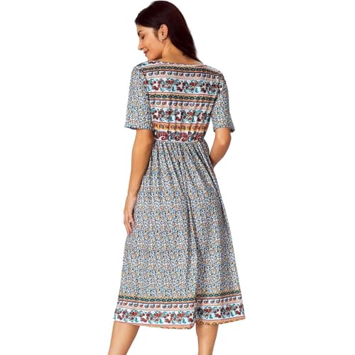Image of Women's Boho Floral Maxi Dress Casual Boho 2026 Summer Short Sleeve Beach Dresses with Pockets