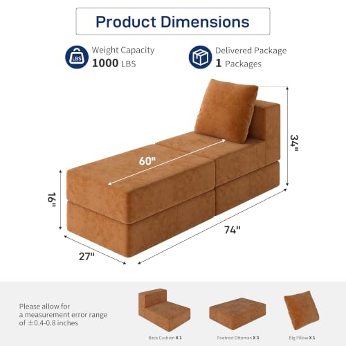 Image of Living&Giving Cloud Sectional Couch for Living Room, Modular Boneless Couch with 1 Ottoman, Middle-seat Can Be Combined with Modular Sofa, Customizable Layout for Any Space, Orange