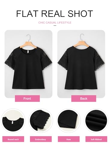 Image of EVALESS Womens Summer Tops Dressy Casual Spring Ribbed Texture Embroidery Short Sleeve Crewneck T Shirts