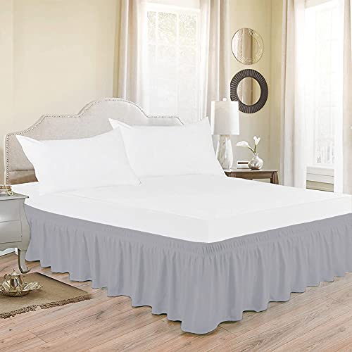 Image of Wrap Around Dust Ruffled Bed Skirt 12 inch Inch Tailored Drop Fade Resistant Brushed Microfiber Bed Skirt - Queen | Silver Grey