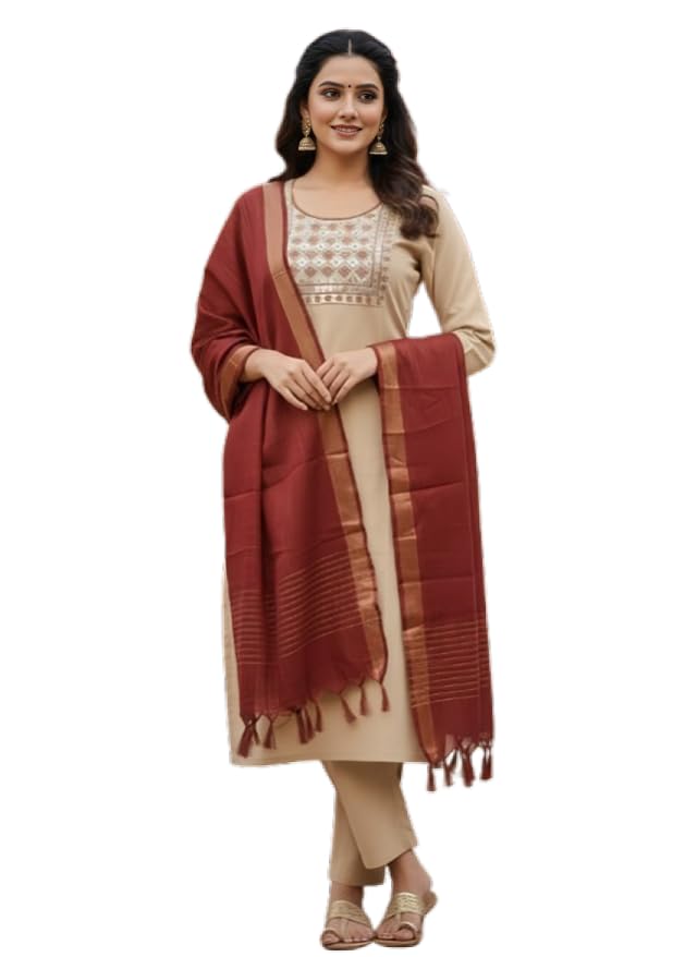 Iramika Women’s Beige Embroidered Kurti with Pant and Maroon Dupatta | Cotton Blend Straight Kurta Set for Women | Ethnic Wear for Office, Festive & Daily Use-picture-37