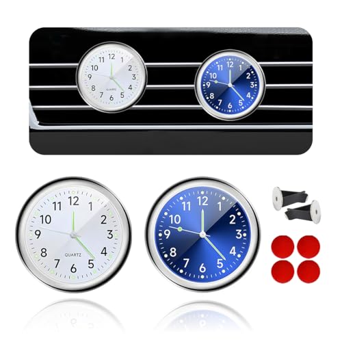 Gasedin 2 PCS Car Clock, Mini Luminous Pointer Clock Stick on Automotive Dashboard, Self Adhesive Round Clocks Watch Universal for Most Vehicles, Decorative Car Accessories (Blue+White)