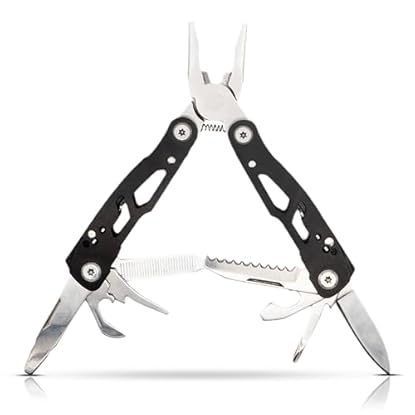 Foto di CustoDesign Multitool 12 in 1 – Pinza Multiuso in Acciaio Inox con Lama, Cacciavite, Sega e Apribottiglie – Piccolo Attrezzo Tascabile e Compatto, per Campeggio, Outdoor, Fai da Te e Uso Quotidiano
