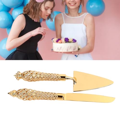 Gold Cake Knife and Server Set, Vintage Engraved Cutter for Wedding, Birthday, Thanksgiving, and Christmas, Zinc Alloy, 2pcs - Image 4