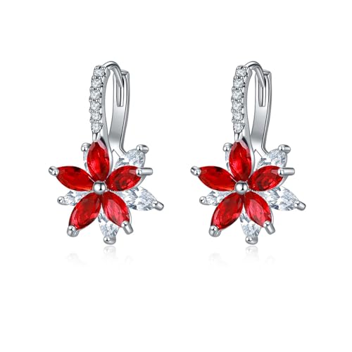 Josfeva Blumen Klapp-Creolen mit AAAAA Rot Zirkonia, Hängend Silber Ohrringe Kreolen Mädchen, Creolen Ohrringe für Damen, Klein Ohr Ring Huggie...