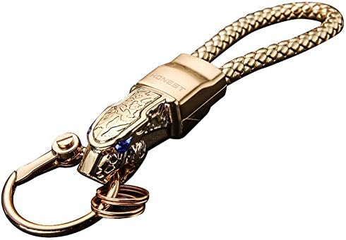 TOPKU Flypc Luxury Jaguar Metal Car Keyring,Leather Cord Key Chain,Elegant Detachable Car & Home Keychain for Man and Women,Metal Leopard Head with Blue Diamond Eyes(Gold)