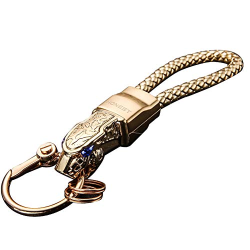 TOPKU Flypc Luxury Jaguar Metal Car Keyring,Leather Cord Key Chain,Elegant Detachable Car & Home Keychain for Man and Women,Metal Leopard Head with Blue Diamond Eyes(Gold)