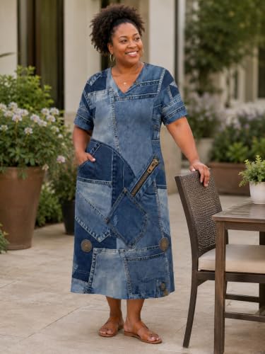 Image of Plus Size Maxi Dress for Women Short Sleeve V Neck Casual Loose Sundress with Pockets