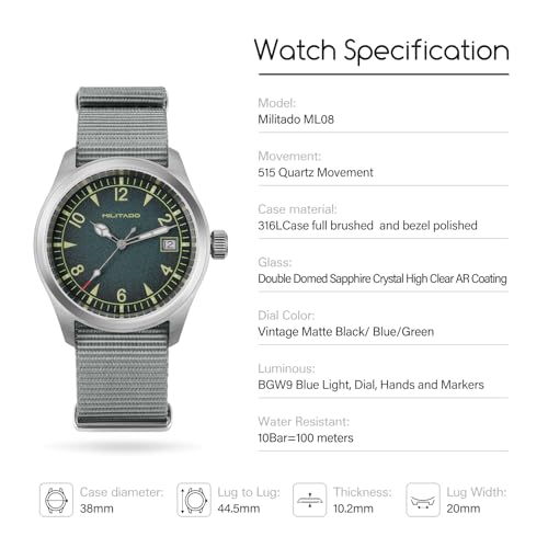 Image of TACTICAL FROG Militado ML08 Field Watch Japanese Sweep VH31 / 515 Movt with Calendar, Men's Military Watch Sapphire Crystal 10 ATM Waterproof Analog Watches for Men