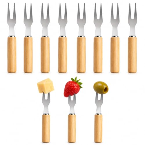 Kit 8 Garfos para Petisco Aço Inox Cabo Madeira Queijos Premium
