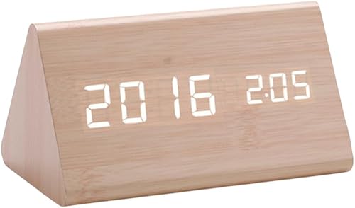 Reloj despertador digital con forma de triángulo, pantalla LED moderna, reloj digital de madera, detección de humedad y temperatura, reloj