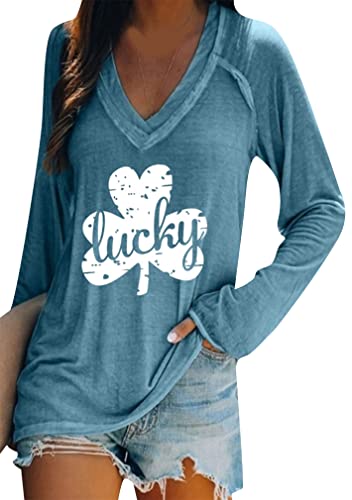 Image of BOFETA Women St Patricks Day Sweatshirts Loose Long Sleeve Shirts Green Shamrock Print Blouse Flowy Color Block Pullover Tops