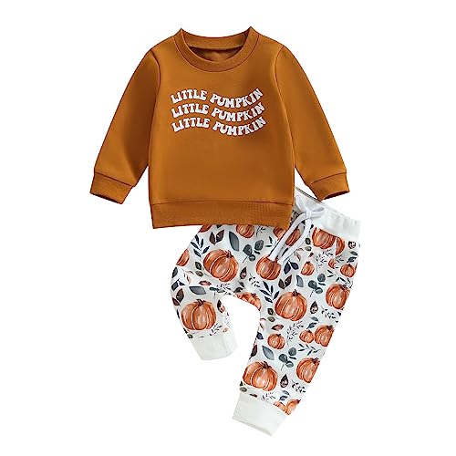 MAINESAKA Halloween Pumpkin Outfits Toddler Baby Boy Girl 2 Piece Sweatsuit Long Sleeve Crewneck Sweatshirt Pants Fall Sets (G-Brown,18-24 Months)