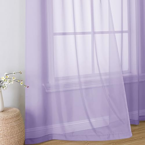 Image of Simplebrand Lavender Sheer Curtains 96 Inches Long, Light Filtering Light Purple Rod Pocket Solid Color Window Sheer Curtain Panels, Elegant Curtains & Drapes for Living Room, Bedroom 2 Panels, 42 inch W