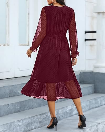 Women's Fall Long Sleeve Spring Dress Wrap V Neck Swiss Dot Casual A-Line Midi Dresses with Belt3