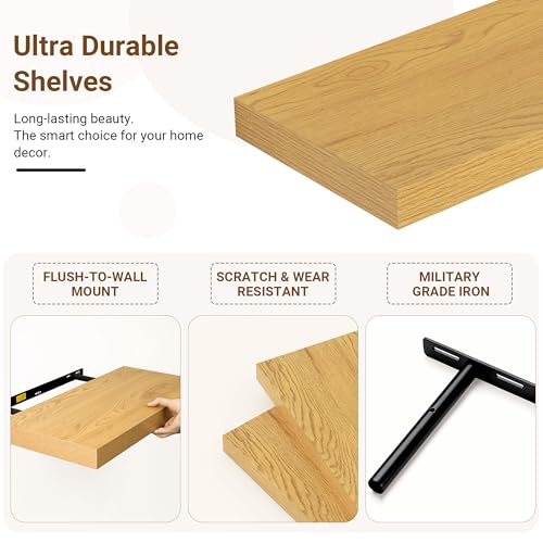 Image of 24 Inch Floating Shelves, 12 Inch Deep Floating Shelves for Wall, Extra Deeper & Thicker Wooden Wall Shelf with Invisible Brackets, Shelf for Bedroom Living Room Home Decor(Oak, Set of 2)