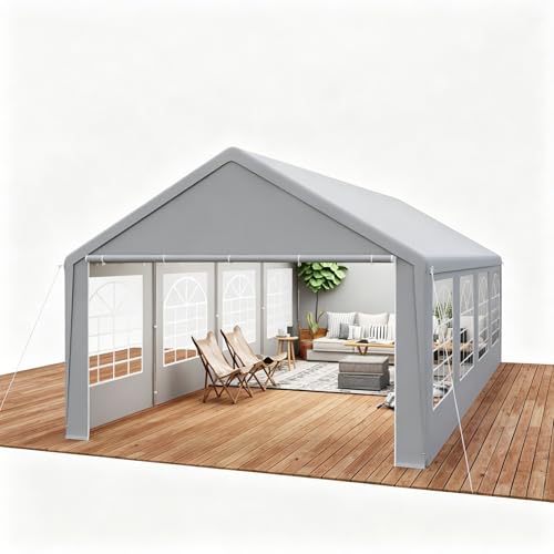 VA-Cerulean Partyzelt 4x8m Grau Wasserdicht UV-beständig Stabil PE-Plane Pavillon 8 Abnehmbaren Seitenwänden mit Fenstern Verzinktes Stahlgestänge für Garten Party Hochzeit