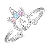 Unicorn Gifts for Girls - White Gold Plated Unicorn Initial Rings for Girls Kids Jewelry Adjustable Silver Letter A Initial Rings for Little Girl Toddler Teen girl Gifts Trendy Stuff Birthday Gift