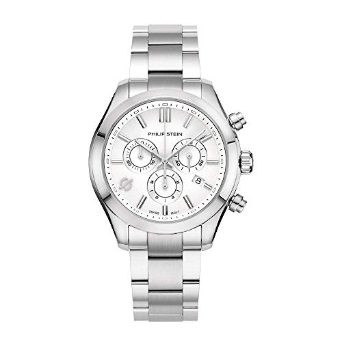 Philip Stein Chronograph Analog Display Wrist Swiss Quartz Traveler Men Smart Watch Stainless Steel Clasp Chain With White Dial Natural Frequency Technology Provides More Energy - Model 92C-Crwht-Ss #TOP13