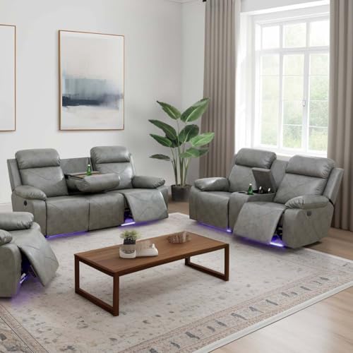 SIENWIEY Leather Power Recliner Sofa Set with LED Lights, Reclining Living Room Furniture Sets, Power Recliner Couch and Loveseat 2 Pieces with USB Ports for House/Home Theater(Sofa+Loveseat)