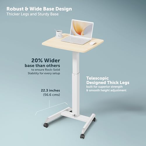 Image of JIN OFFICE Pneumatic Height Adjustable Table Desk | Hydraulic Sit Stand Laptop Table with Wheels and Foot Pedal for Height Adjustment| Portable Laptop Standing Desk (White Frame with Maple Top)