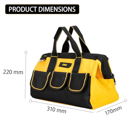 Image of Deli DL430013 13 inch Oxford Tool Storage Bag with Multi Compartment Pockets Heavy Duty Multipurpose Easy and Convenient Tools Organizer for Electrician Plumber Technician (1Pc, 310x170x220mm)
