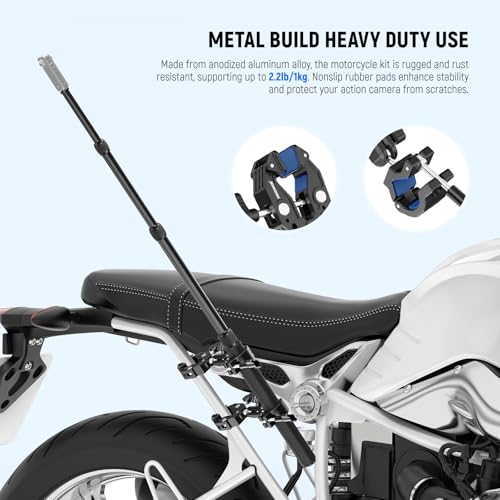 Image of NEEWER Motorcycle Camera Mount Kit, Bicycle Handlebar Invisible Selfie Stick, 360 Ball Heads, Super Clamps & Cleaning Cloth, Compatible with GoPro Insta360 DJI AKASO Action Cam Video Recording, GP-30