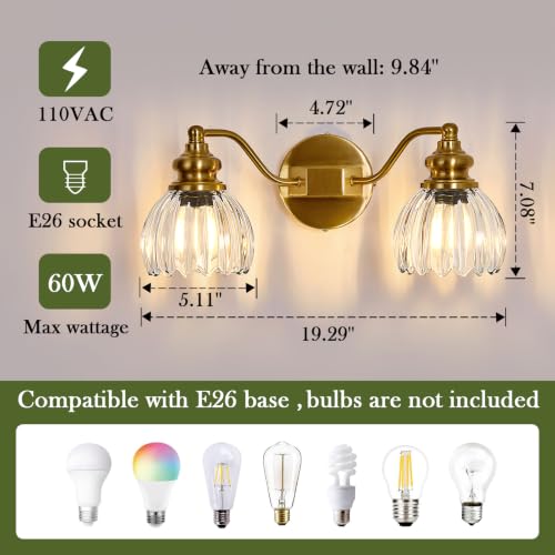 Image of Piepooye Vintage Bathroom Lights Fixtures 2 Lights Gold Vanity Light with Glass LampShade E26 Bulb Indoor Vanity Light Over Mirror for Bedroom Living Room Farmhouse Kitchen