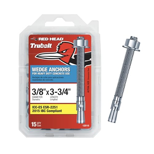 Red Head TruBolt® 3/8 x 3-3/4 Inch Wedge Heavy-Duty Concrete Anchors, 15 PCS, Versatile Threaded Design for Fastening into Solid Concrete with 360-Degree Contact, Stainless Steel