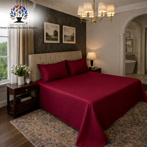 Image of Dream Living Stripe King Bedsheet with 2 Pillow Covers | 120 GSM | 275x275 Cm | Maroon