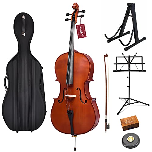 Aileen PREMIUM BEGINNER Series - 4/4 Full Size Solid Wood Cello with Case, Stand, Sheet Music Stand, Rosin, Anti-Slip Mat & Bow